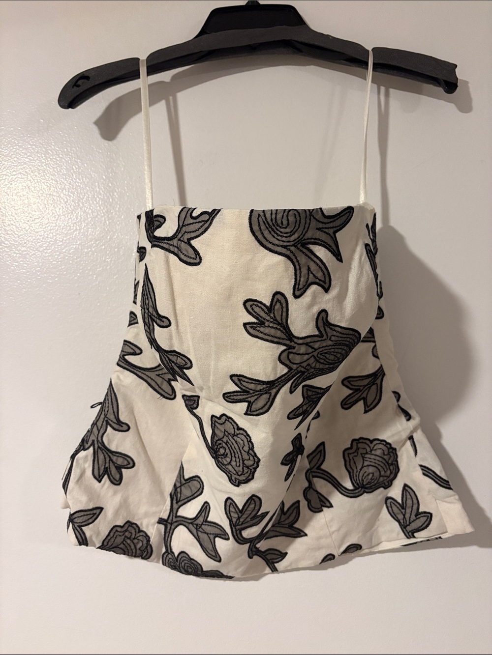 White House Black Market White Spaghetti-Strap Top with Black Floral Appliqué